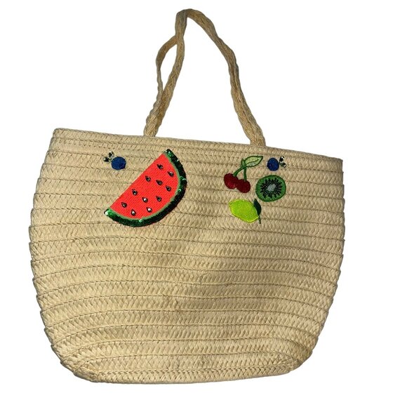 J. Crew straw watermelon fruit sequins embellished straw tote bag 14x10" - Picture 1 of 6